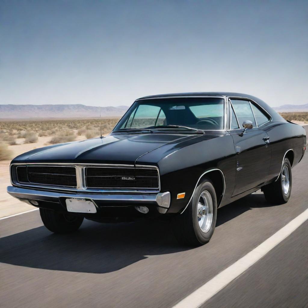 Generate an image of Diesel van driving a 1969 model black Dodge Charger featuring supercharged rots, capturing both the power of the unforgettable vehicle and its action-ready driver.