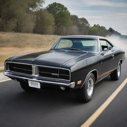 Generate an image of Diesel van driving a 1969 model black Dodge Charger featuring supercharged rots, capturing both the power of the unforgettable vehicle and its action-ready driver.