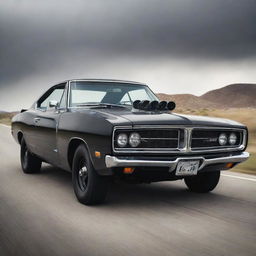 Generate an image of Diesel van driving a 1969 model black Dodge Charger featuring supercharged rots, capturing both the power of the unforgettable vehicle and its action-ready driver.