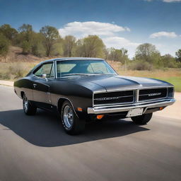 Generate an image of Diesel van driving a 1969 model black Dodge Charger featuring supercharged rots, capturing both the power of the unforgettable vehicle and its action-ready driver.