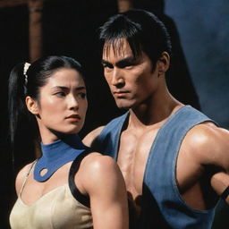 A scene of Bi Han from Mortal Kombat 1, depicted in his iconic costume, taking care of a young European woman with dark hair styled into a ponytail with bangs.