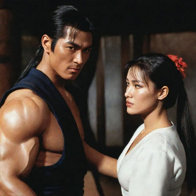 A scene of Bi Han from Mortal Kombat 1, depicted in his iconic costume, taking care of a young European woman with dark hair styled into a ponytail with bangs.