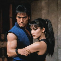 A scene of Bi Han from Mortal Kombat 1, depicted in his iconic costume, taking care of a young European woman with dark hair styled into a ponytail with bangs.