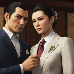 Tachibana Tetsu from Yakuza 0 in his signature attire, taking care of a lady with an earnest and caring expression on his face.