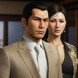 Tachibana Tetsu from Yakuza 0 in his signature attire, taking care of a lady with an earnest and caring expression on his face.