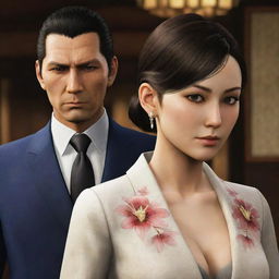 Tachibana Tetsu from Yakuza 0 in his signature attire, taking care of a lady with an earnest and caring expression on his face.