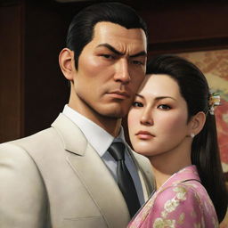 Tachibana Tetsu from Yakuza 0 in his signature attire, taking care of a lady with an earnest and caring expression on his face.