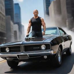 Create an image of Dominic Toretto, a character in Fast & Furious, confidently driving the iconic 1969 Black Dodge Charger in a high-speed scene.