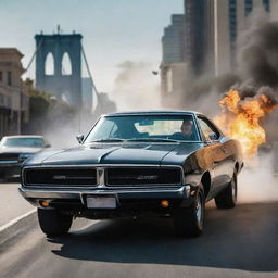 Create an image of Dominic Toretto, a character in Fast & Furious, confidently driving the iconic 1969 Black Dodge Charger in a high-speed scene.