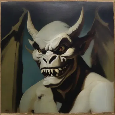 The artist captured the expression of a malevolently smiling gargoyle, adding a sense of darkness and foreboding to the painting.