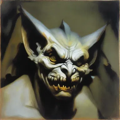 The artist captured the expression of a malevolently smiling gargoyle, adding a sense of darkness and foreboding to the painting.