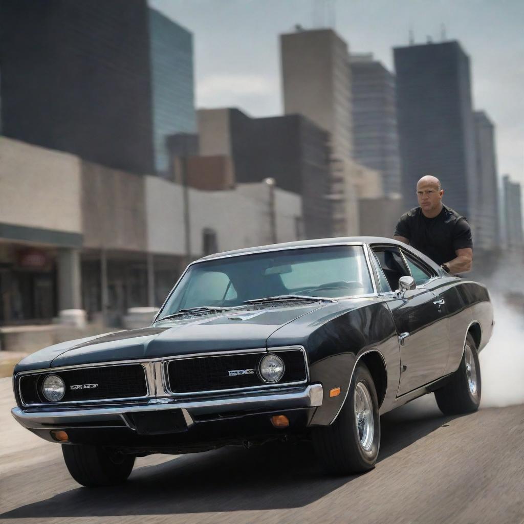 Create an image of Dominic Toretto, a character in Fast & Furious, confidently driving the iconic 1969 Black Dodge Charger in a high-speed scene.