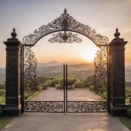 An elaborately detailed entrance gate made of wrought iron, adorned with intricate designs, set against a picturesque landscape at sunset.