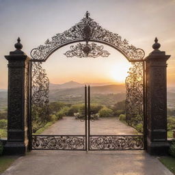 An elaborately detailed entrance gate made of wrought iron, adorned with intricate designs, set against a picturesque landscape at sunset.