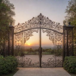 An elaborately detailed entrance gate made of wrought iron, adorned with intricate designs, set against a picturesque landscape at sunset.