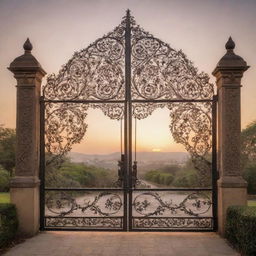 An elaborately detailed entrance gate made of wrought iron, adorned with intricate designs, set against a picturesque landscape at sunset.