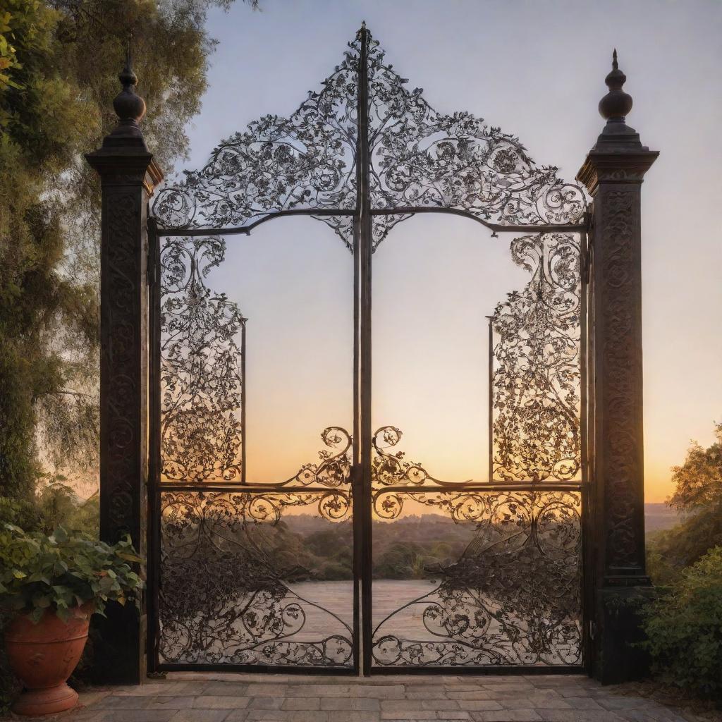 An elaborately detailed entrance gate made of wrought iron, adorned with intricate designs, set against a picturesque landscape at sunset.