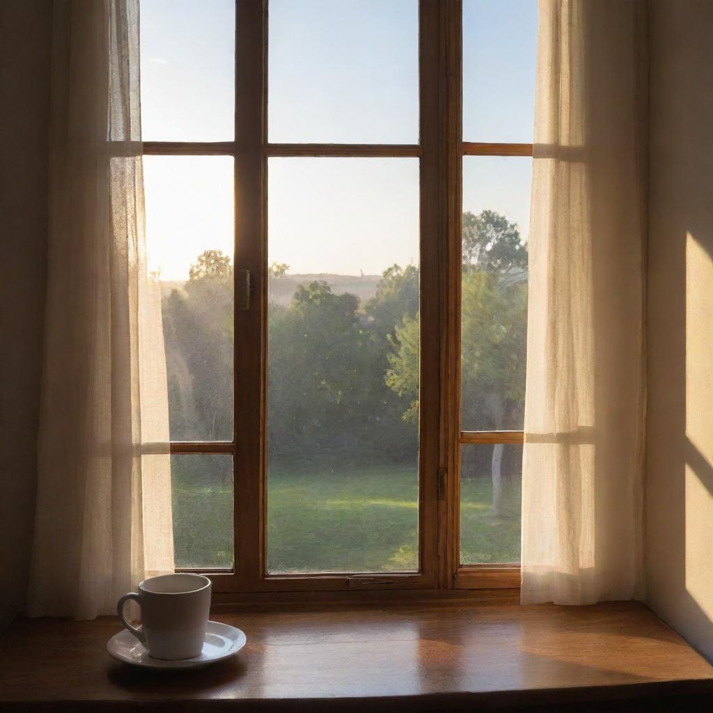 A sun-kissed morning viewed through an open window with light streaming in.