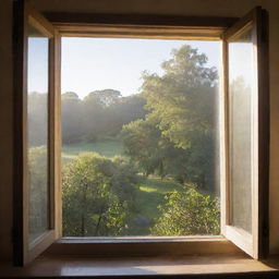 A sun-kissed morning viewed through an open window with light streaming in.