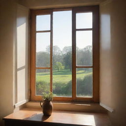 A sun-kissed morning viewed through an open window with light streaming in.