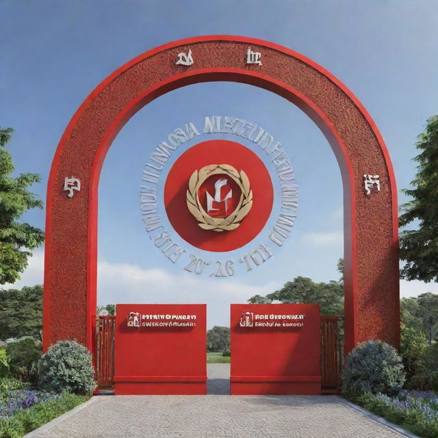 A 3D design of an entrance gate featuring the logo of the Indonesia Development Forum 2023