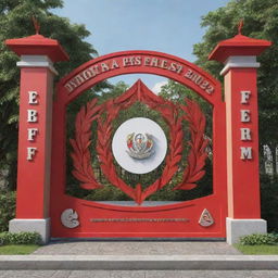 A 3D design of an entrance gate featuring the logo of the Indonesia Development Forum 2023