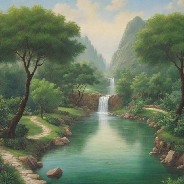 Depiction of Jannah (paradise) as described in Islamic tradition; lush green gardens, flowing rivers, and serene landscapes.