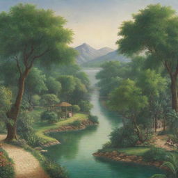 Depiction of Jannah (paradise) as described in Islamic tradition; lush green gardens, flowing rivers, and serene landscapes.