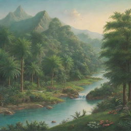 Depiction of Jannah (paradise) as described in Islamic tradition; lush green gardens, flowing rivers, and serene landscapes.