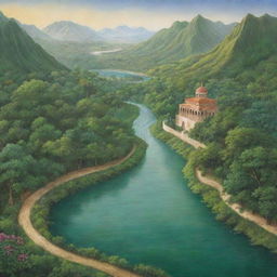 Depiction of Jannah (paradise) as described in Islamic tradition; lush green gardens, flowing rivers, and serene landscapes.