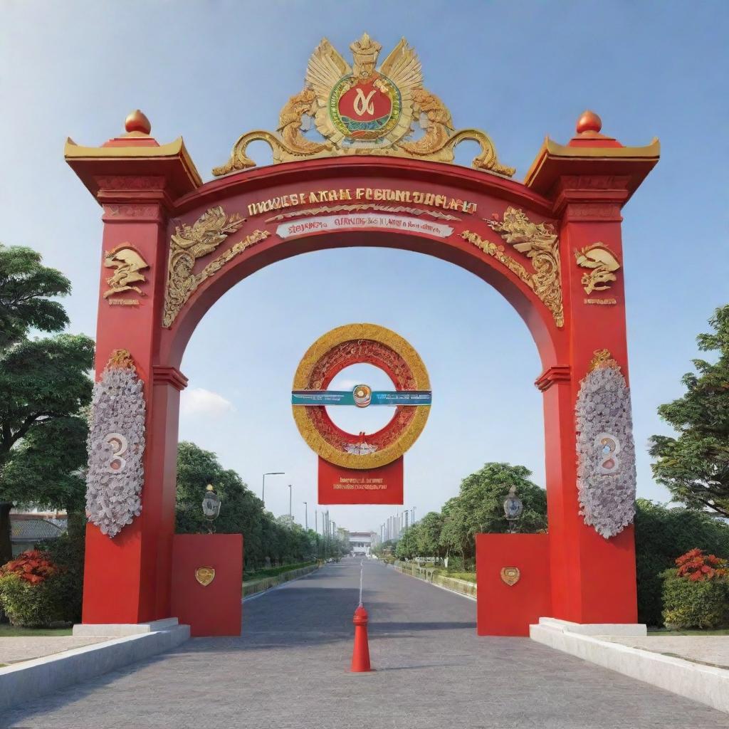 A 3D design of a grand entrance gate decorated with the logo of Indonesia Development Forum 2023