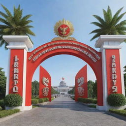 A 3D design of a grand entrance gate decorated with the logo of Indonesia Development Forum 2023