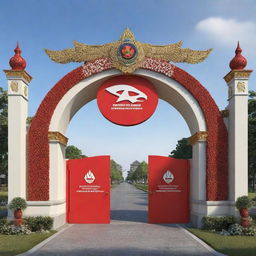 A 3D design of a grand entrance gate decorated with the logo of Indonesia Development Forum 2023