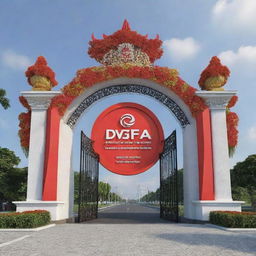 A 3D design of a grand entrance gate decorated with the logo of Indonesia Development Forum 2023