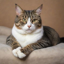 A photorealistic image of a poised, well-groomed cat lounging leisurely.