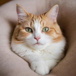 A content and happy cat, curled up and purring with its eyes lightly closed in relaxation.