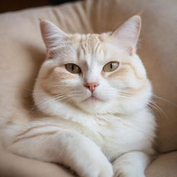 A content and happy cat, curled up and purring with its eyes lightly closed in relaxation.