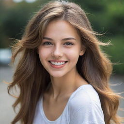 A stunning, youthful girl with gleaming eyes and radiant smile. She's casually dressed, her hair flowing freely.