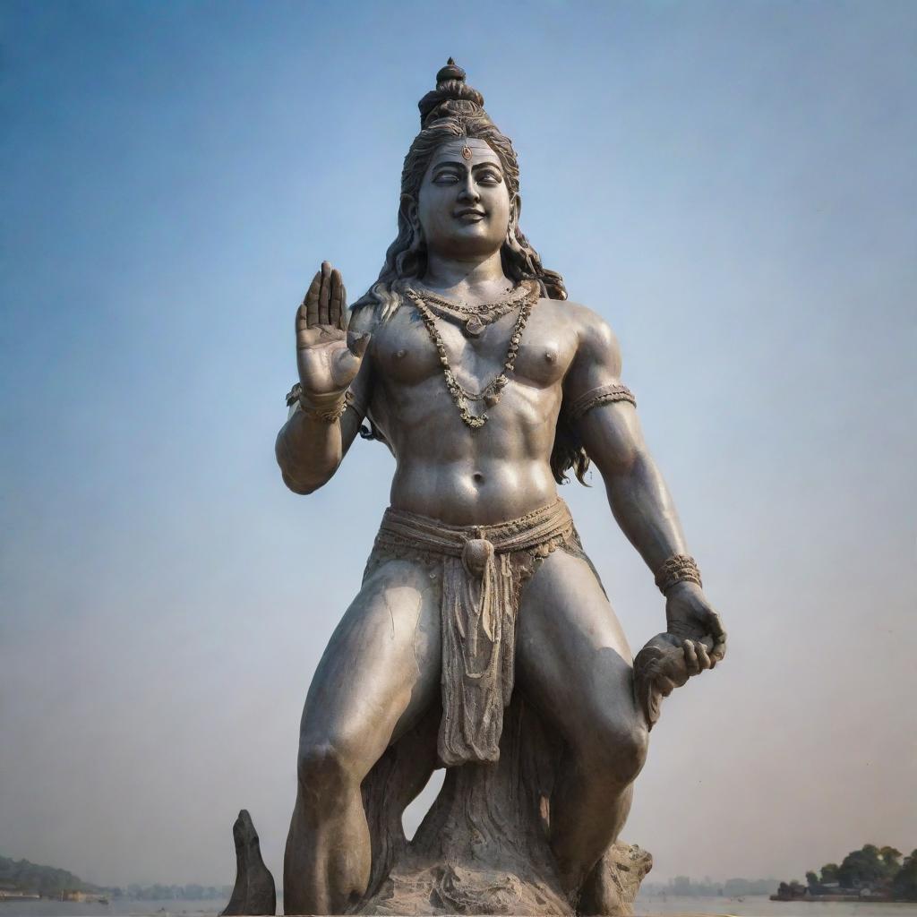 A majestic statue of Lord Shiva displaying his divine aura with the Ganges flowing from his hair, set against a serene sky.