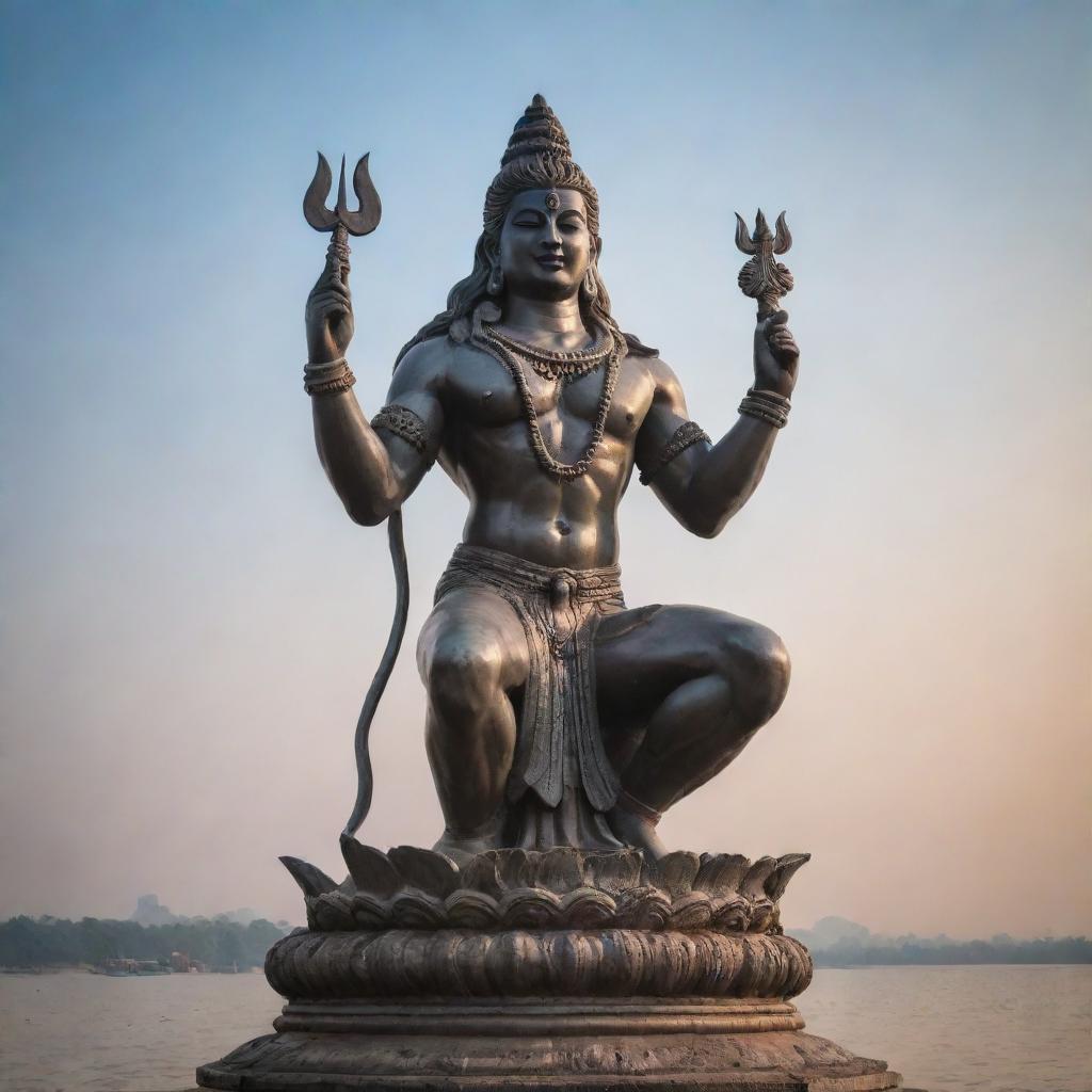 A majestic statue of Lord Shiva displaying his divine aura with the Ganges flowing from his hair, set against a serene sky.