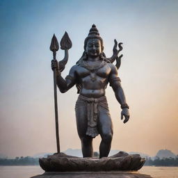 A majestic statue of Lord Shiva displaying his divine aura with the Ganges flowing from his hair, set against a serene sky.