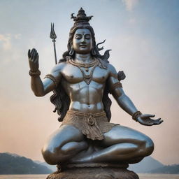 A majestic statue of Lord Shiva displaying his divine aura with the Ganges flowing from his hair, set against a serene sky.