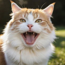 A tremendously happy cat, its fur glowing warmly in the sun while its eyes crinkle in pure joy.