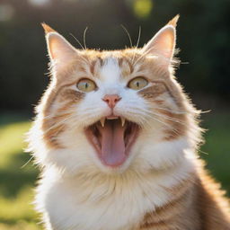 A tremendously happy cat, its fur glowing warmly in the sun while its eyes crinkle in pure joy.