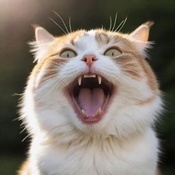 A tremendously happy cat, its fur glowing warmly in the sun while its eyes crinkle in pure joy.