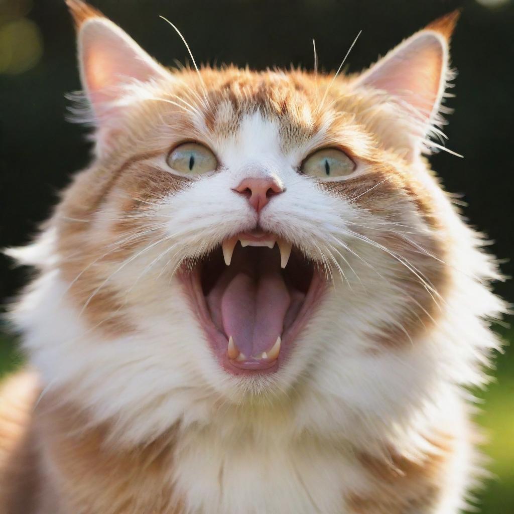 A tremendously happy cat, its fur glowing warmly in the sun while its eyes crinkle in pure joy.