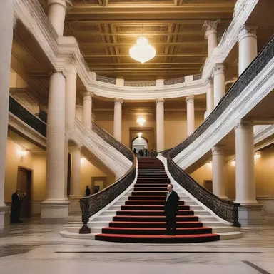 The grand staircase in the newly designed government building showcased elements of reflation, reflecting the revival of the economy and the nation's prosperity after a deflationary crisis.