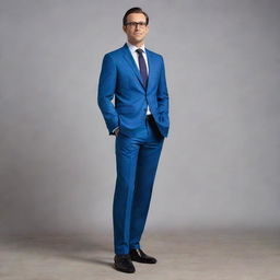 A handsome, slightly muscular man approximately 40 years old. He stands 1.88m tall, weighs 80kg, and has brown hair. He is dressed in a blue suit, white shirt, and classic black shoes, and wearing smoked glasses.