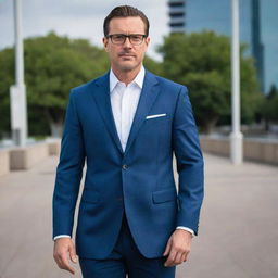 A handsome, slightly muscular man approximately 40 years old. He stands 1.88m tall, weighs 80kg, and has brown hair. He is dressed in a blue suit, white shirt, and classic black shoes, and wearing smoked glasses.