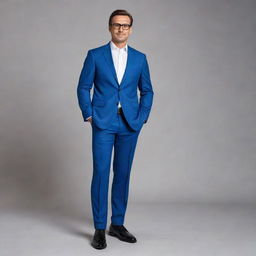 A handsome, slightly muscular man approximately 40 years old. He stands 1.88m tall, weighs 80kg, and has brown hair. He is dressed in a blue suit, white shirt, and classic black shoes, and wearing smoked glasses.